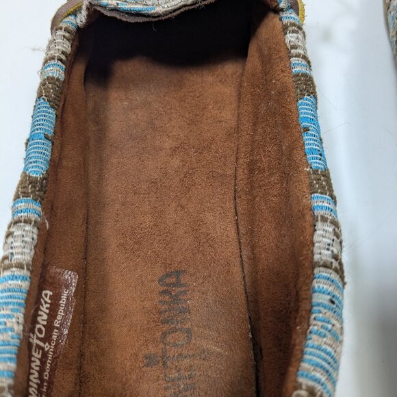 Minnetonka Baja Aztec Tribal Print Turquoise Geometric Hardsole Moccasin 8.5 - Picture 12 of 14